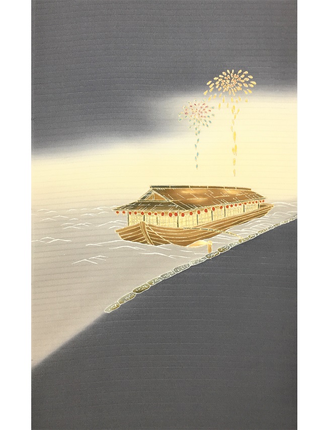 夏帯　屋形船花火