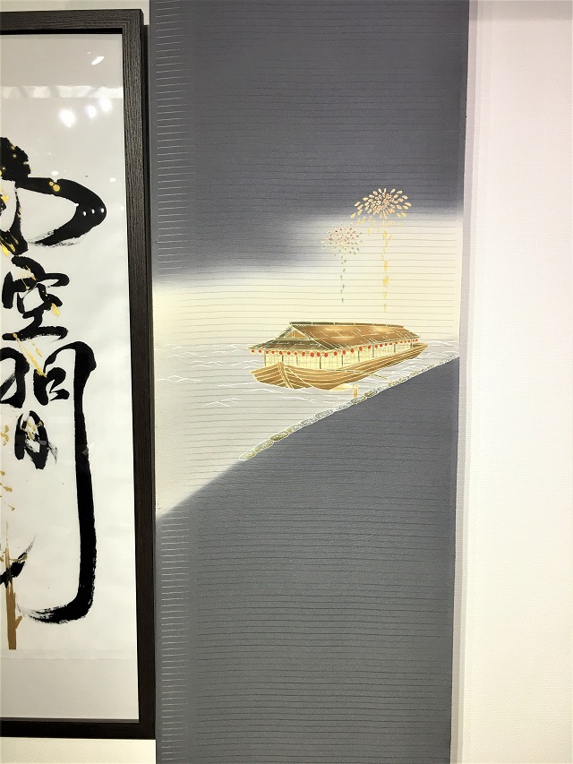 夏帯　屋形船花火