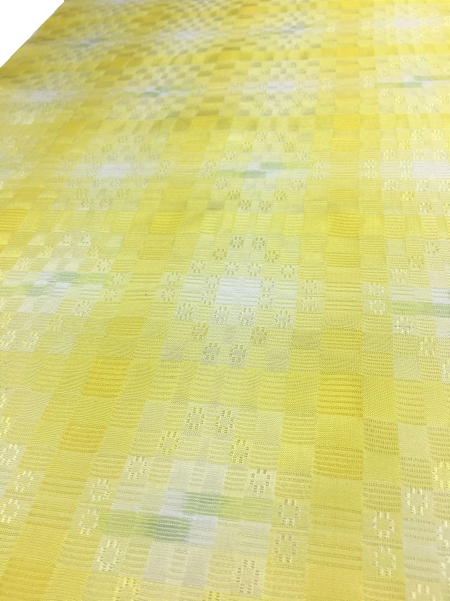 【川平織】【日本工芸会正会員  深石美穂】【単衣・夏・袷】【九寸名古屋帯】【作品名：光のブーケ】【市松花絽織】【草木染：福木・藍】【純国産絹】【手織り】【六通柄】【送料無料】